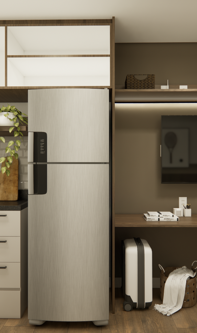 Render 3D de estúdio em Pinheiros com cozinha compacta, marcenaria em madeira e branco, bancada de trabalho e tons terrosos