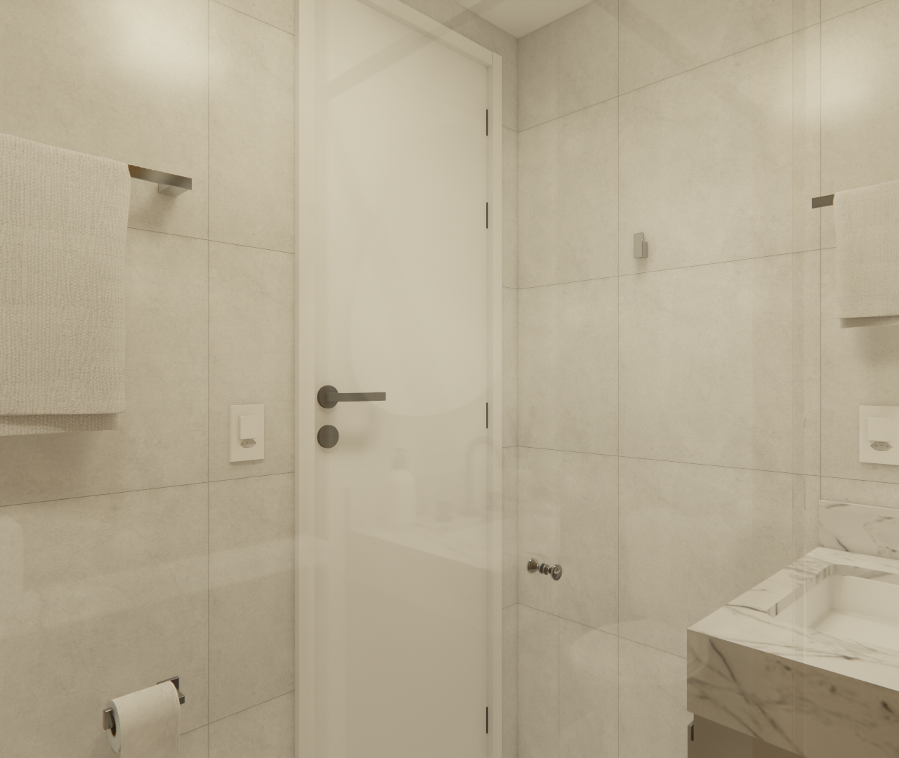 Render 3D de banheiro compacto com revestimento bege, bancada de mármore branco, porta branca e acessórios metálicos