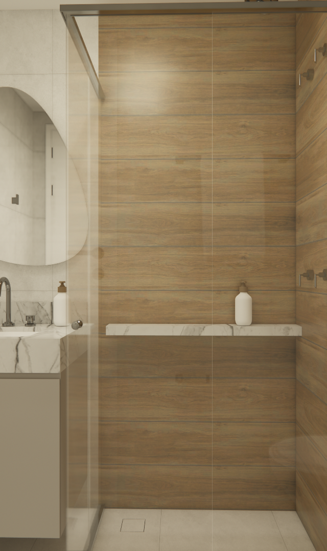 Render 3D de banheiro compacto com paredes em tons neutros, box com revestimento amadeirado, espelho orgânico e bancada