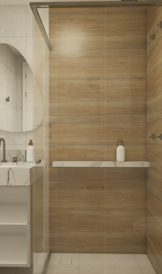 Render 3D de banheiro pequeno com revestimento em tom cinza, box com painel amadeirado, bancada em mármore e espelho oval