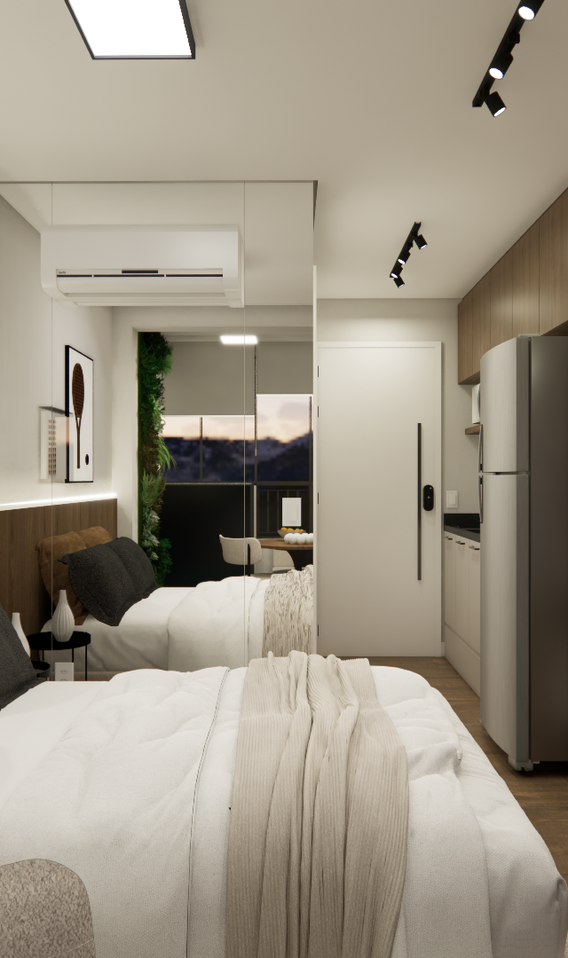 Render 3D de estúdio compacto em tons de madeira e cinza com cama, mesa de trabalho, espelho e iluminação em trilho