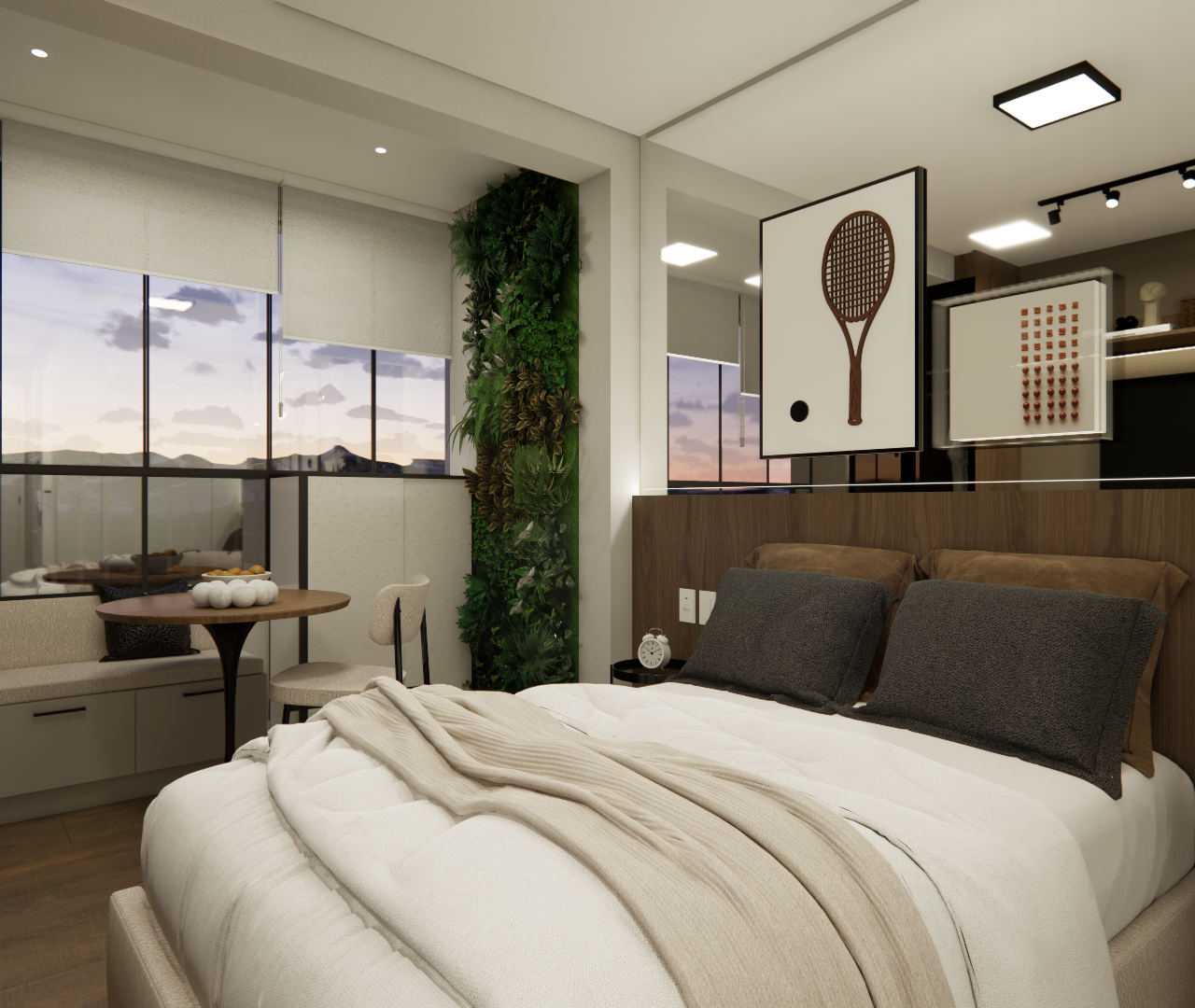 Render 3D de quarto pequeno com cama, jardim vertical, mesa de apoio, marcenaria em tons amadeirados e iluminação quente