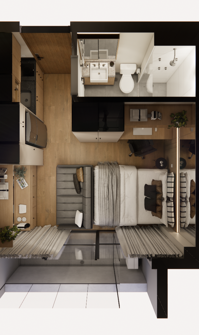 Planta baixa 3D de studio com cozinha linear, banheiro, cama, sofá, marcenaria em tons amadeirados e piso vinílico claro