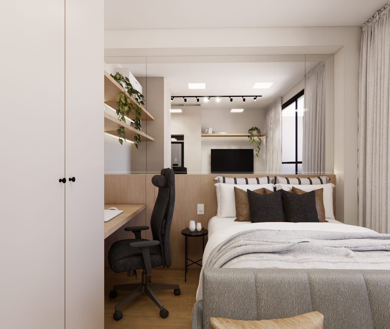 Render 3D de estúdio com cama, mesa de trabalho, marcenaria em tons claros, espelhos, cortinas e iluminação indireta