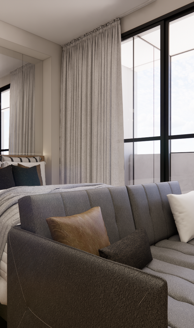 Render 3D de quarto com cama, sofá cinza, cadeira de escritório, iluminação em trilho, tons neutros e cortinas claras