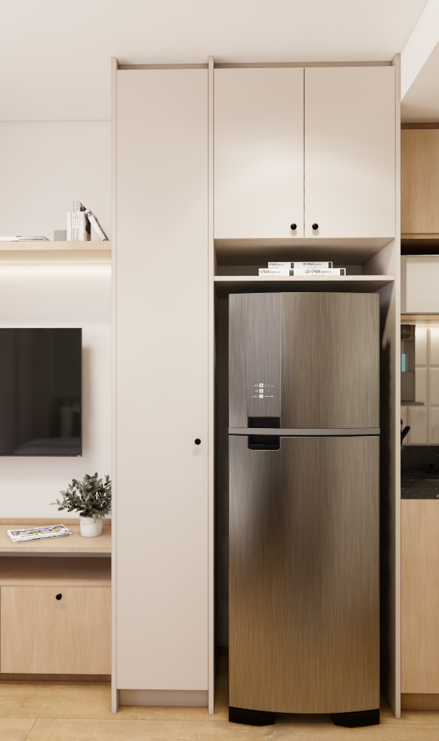 Render 3D de sala e cozinha integradas com marcenaria em madeira clara, geladeira inox, bancada preta e iluminação linear