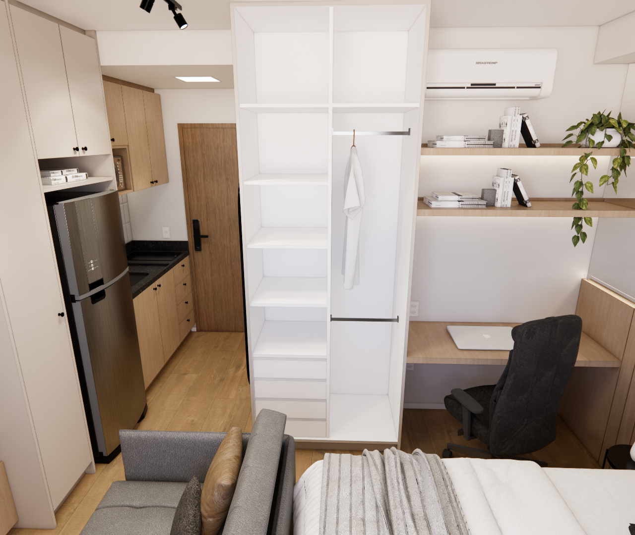 Render 3D de estúdio compacto na Consolação com cozinha, área de trabalho, armários em tons claros e madeira clara