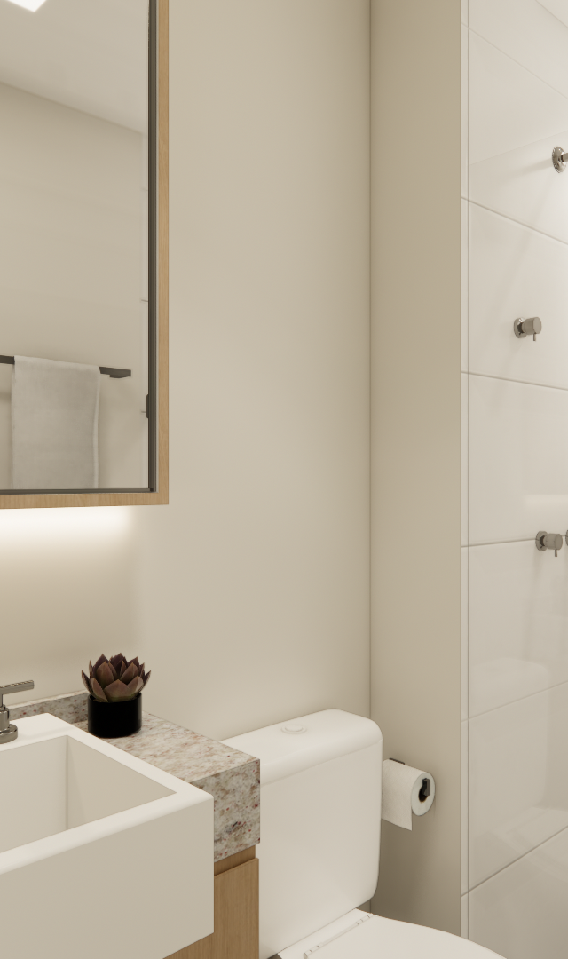 Render 3D de banheiro compacto no Maceió 88, com bancada em granito, marcenaria clara, metais cromados e box com azulejos