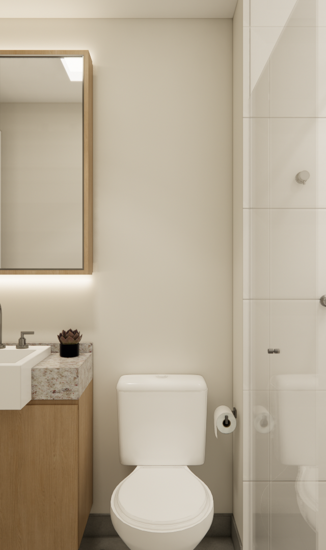 Render 3D de banheiro com marcenaria em tom madeira, bancada em granito, espelheira, louças brancas e box de vidro