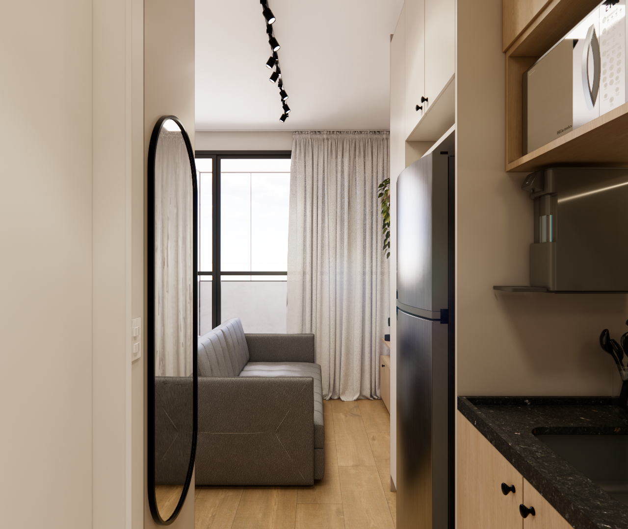 Render 3D de sala e cozinha integradas, tons neutros, marcenaria clara, bancada em granito escuro e piso amadeirado