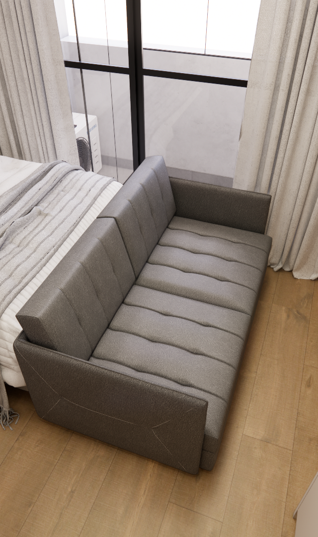 Render 3D de estúdio compacto com cama, sofá cinza, marcenaria em tons claros, piso amadeirado e cortinas longas
