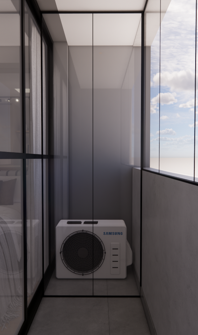 Render 3D de sacada com fechamento em vidro, condensadora de ar-condicionado, piso cinza e vista para céu nublado