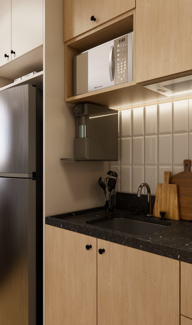 Render 3D de cozinha compacta no AM Maceio88 com marcenaria em madeira clara, bancada em granito preto e azulejos brancos