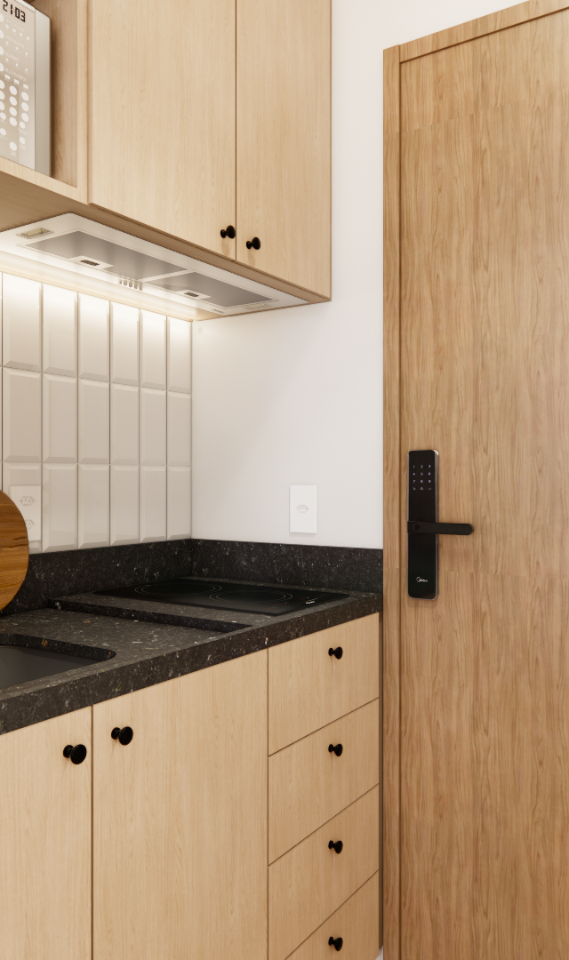 Render 3D de cozinha compacta, marcenaria em madeira clara, bancada em granito escuro, azulejos brancos e iluminação LED