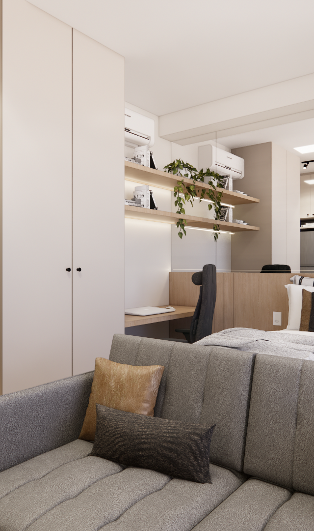 Render 3D de estúdio no AM · Maceio88 com tons neutros, sofá cinza, cama, marcenaria em madeira e iluminação indireta