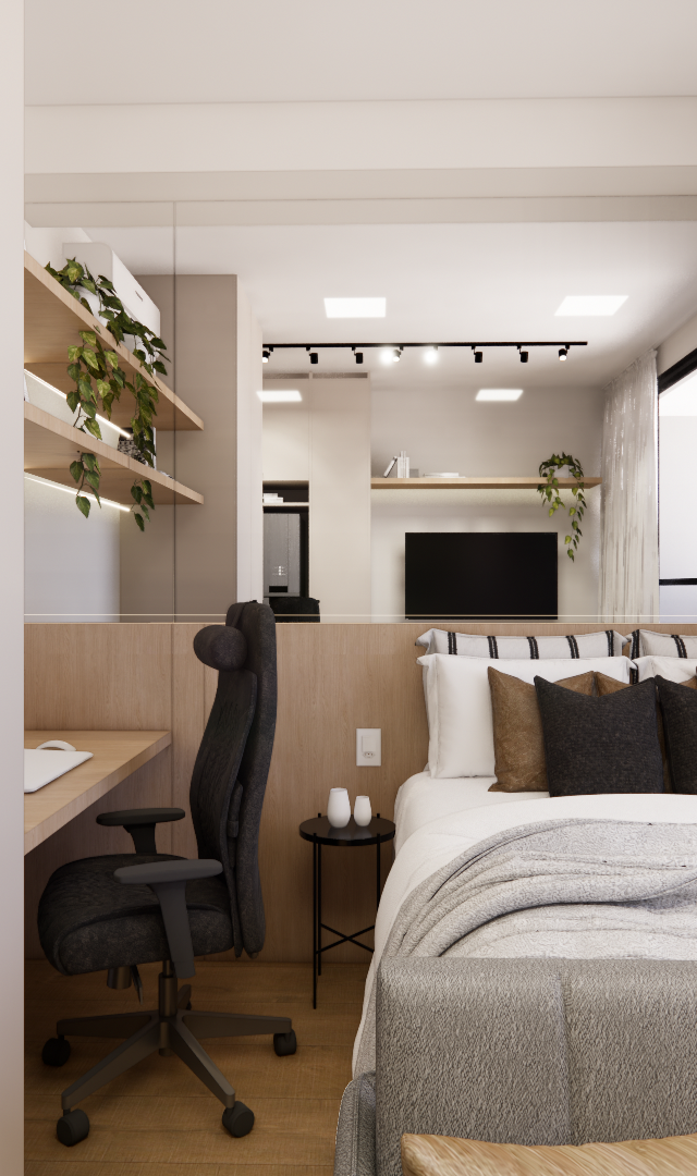 Render 3D de dormitório com home office integrado, marcenaria clara, espelho, cama, tons neutros e iluminação indireta