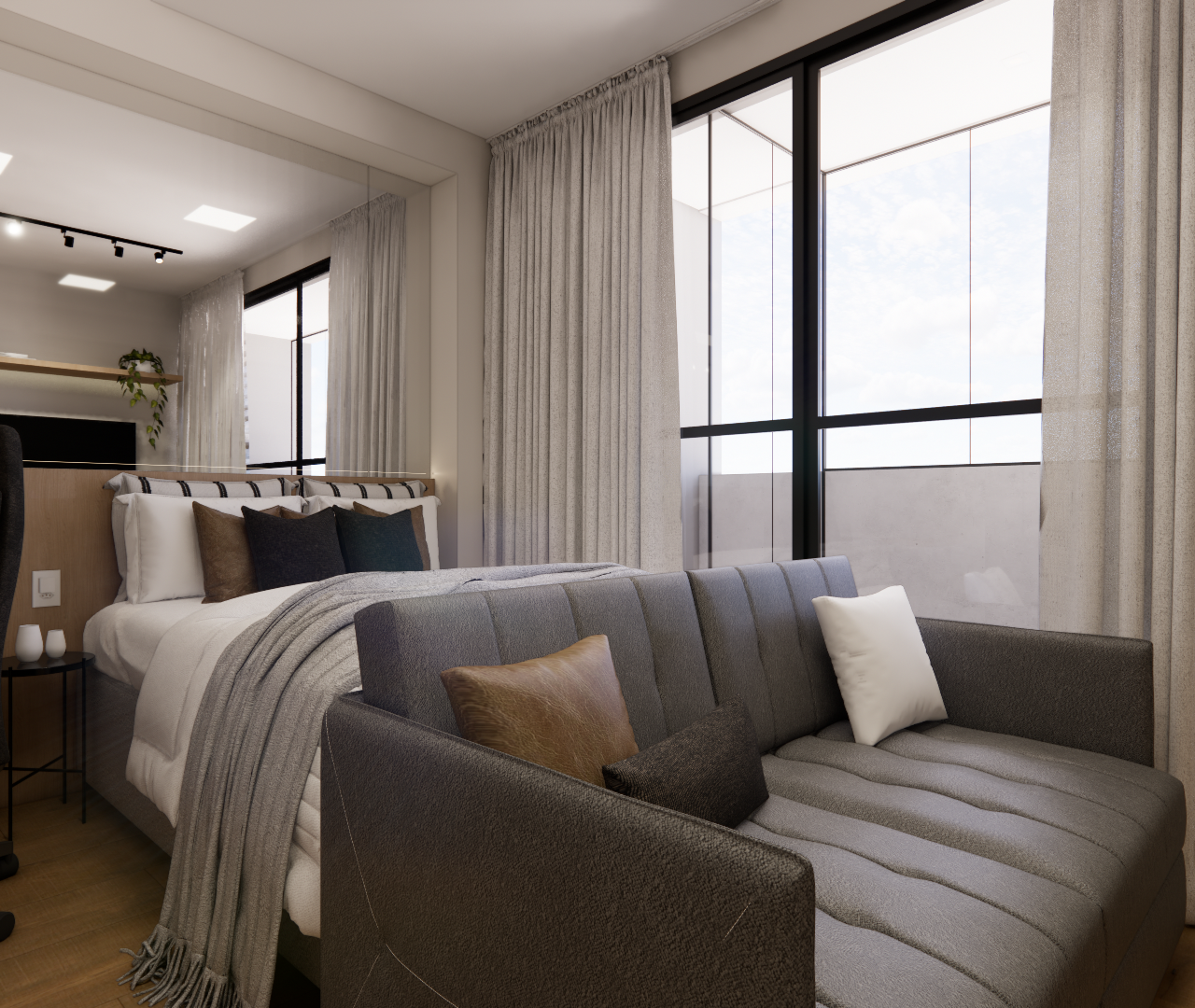Render 3D de quarto no Maceio88 com cama, sofá cinza, mesa de trabalho, piso amadeirado, cortinas e luz natural intensa