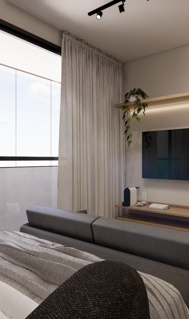 Render 3D do quarto no AM · Maceio88 com marcenaria em tons claros, rack de madeira, sofá cinza, TV e iluminação quente