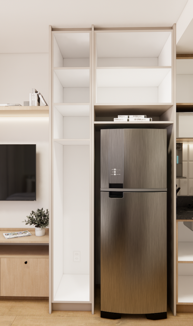 Render 3D AM Maceio88 com marcenaria em madeira clara, geladeira inox, cozinha compacta com bancada preta e luz indireta