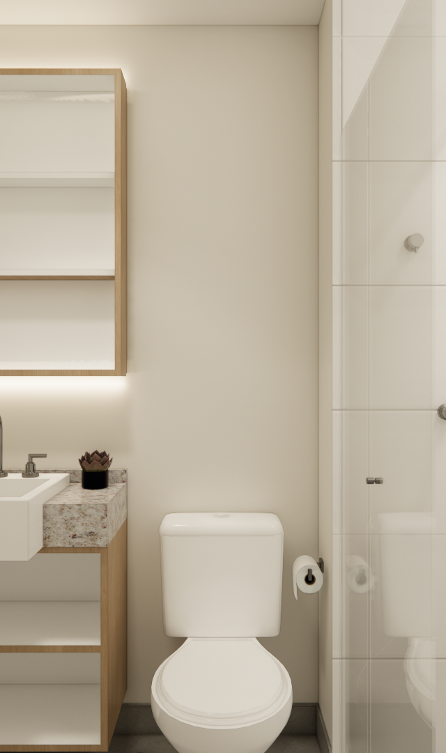 Render 3D de banheiro, tons claros, marcenaria em madeira e branco, tampo em granito, box de vidro e iluminação indireta