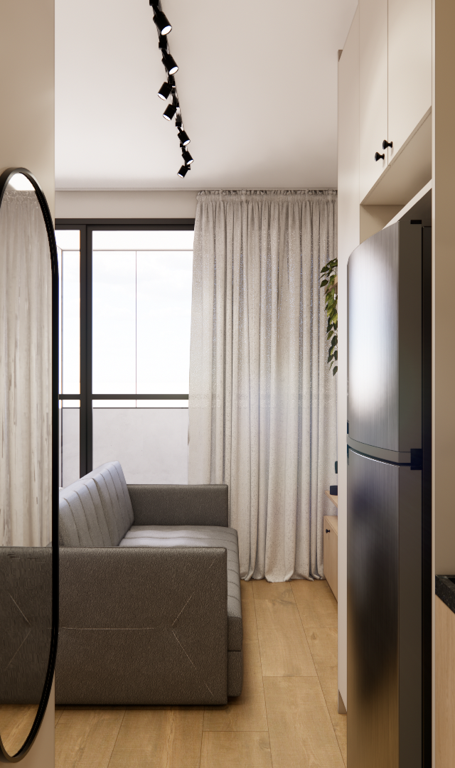 Render 3D da integração entre cozinha e sala no AM Maceio88, com marcenaria em tons claros, bancada em granito e espelho