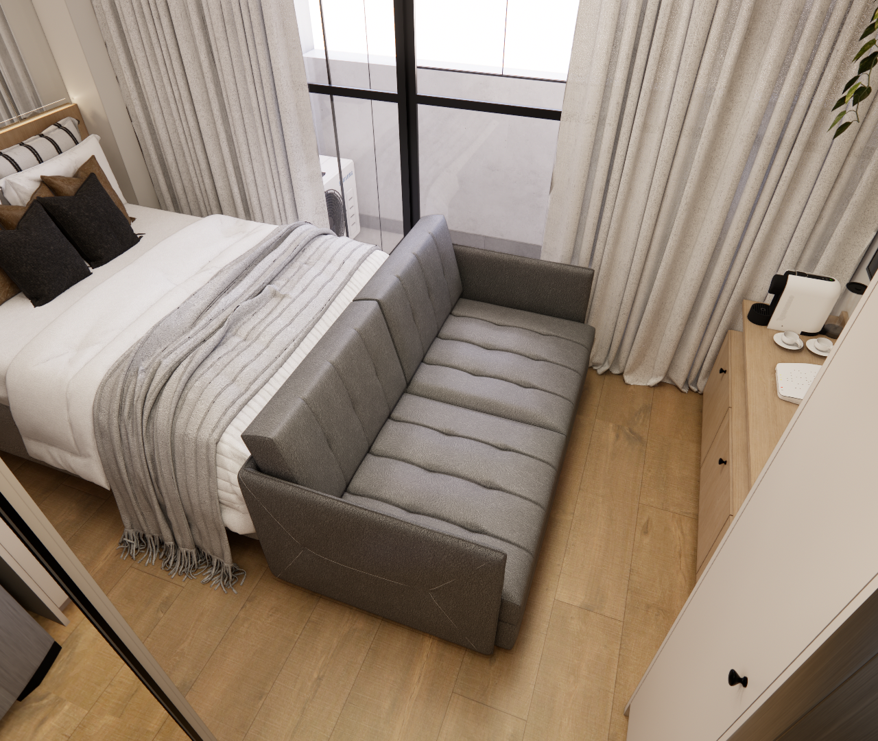 Render 3D de estúdio no AM Maceio88 com cama, sofá cinza, piso amadeirado, cortinas claras e iluminação natural suave