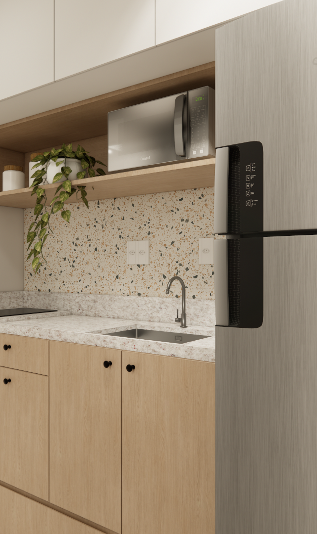 Render 3D de cozinha compacta com marcenaria em madeira clara, bancada em granilite e geladeira inox em estúdio de 28m²