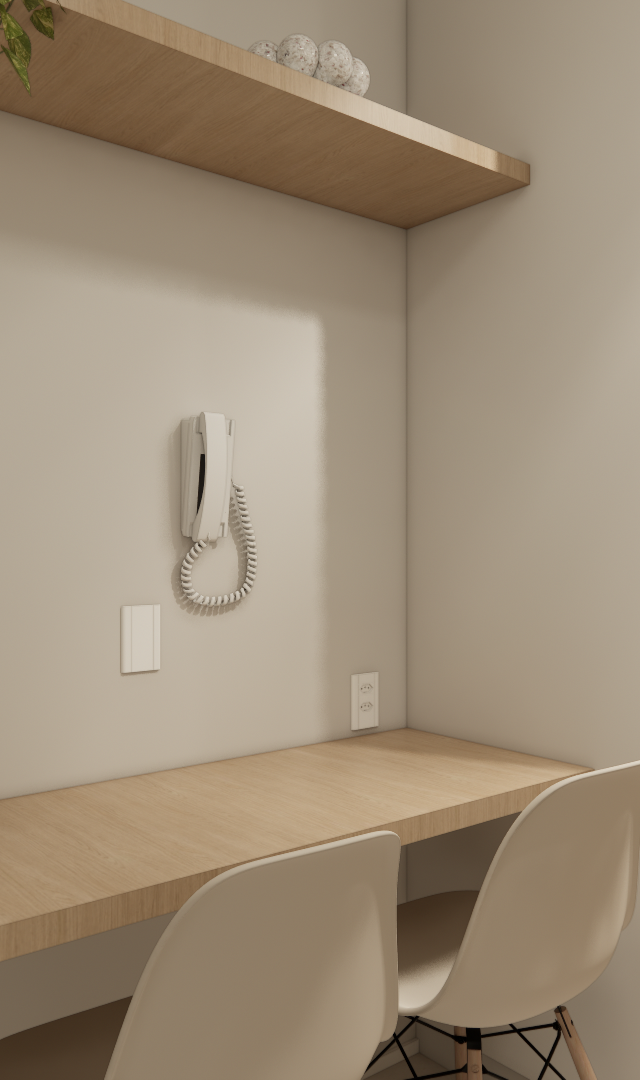 Render de home office integrado com marcenaria em madeira clara, armários brancos e luz neutra em apartamento de 28m²
