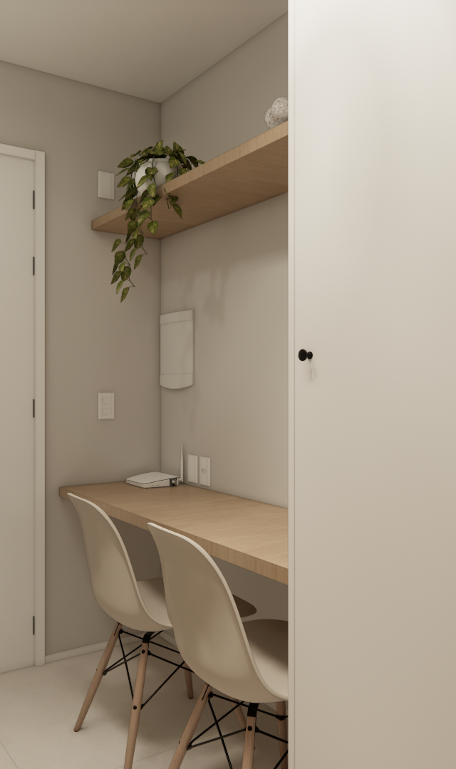 Render 3D de home office em apartamento com marcenaria em madeira clara, cadeiras brancas, prateleira e tons neutros
