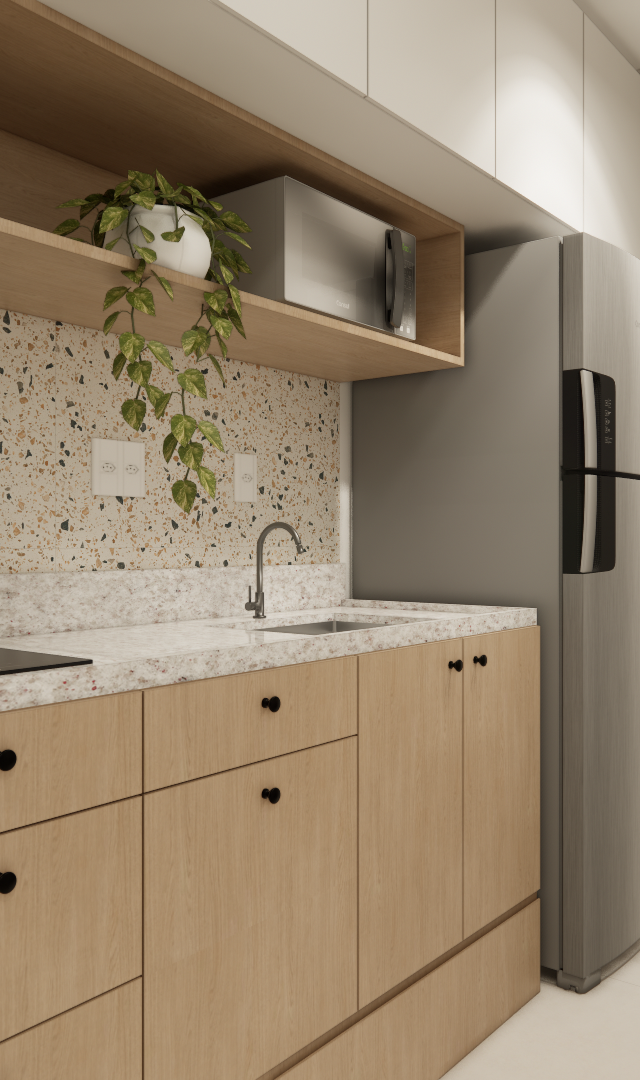 Render 3D de cozinha compacta em Pinheiros com marcenaria em madeira clara, bancada em granilite e iluminação suave