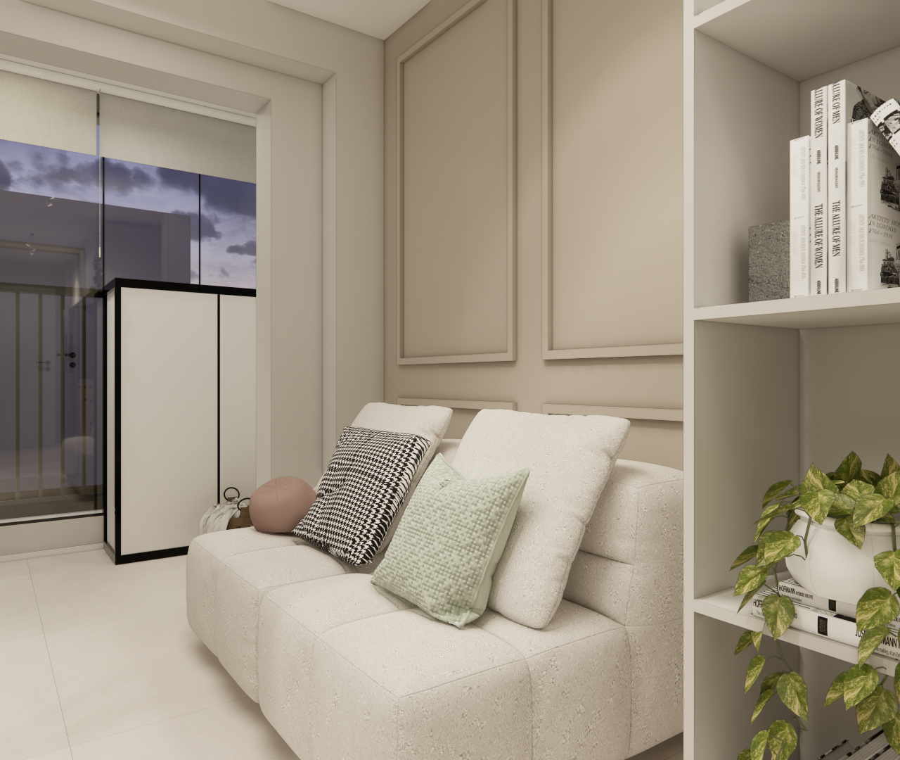 Render 3D de sala de estar neutra com sofá bege, almofadas decorativas, estante branca com livros e plantas em Pinheiros