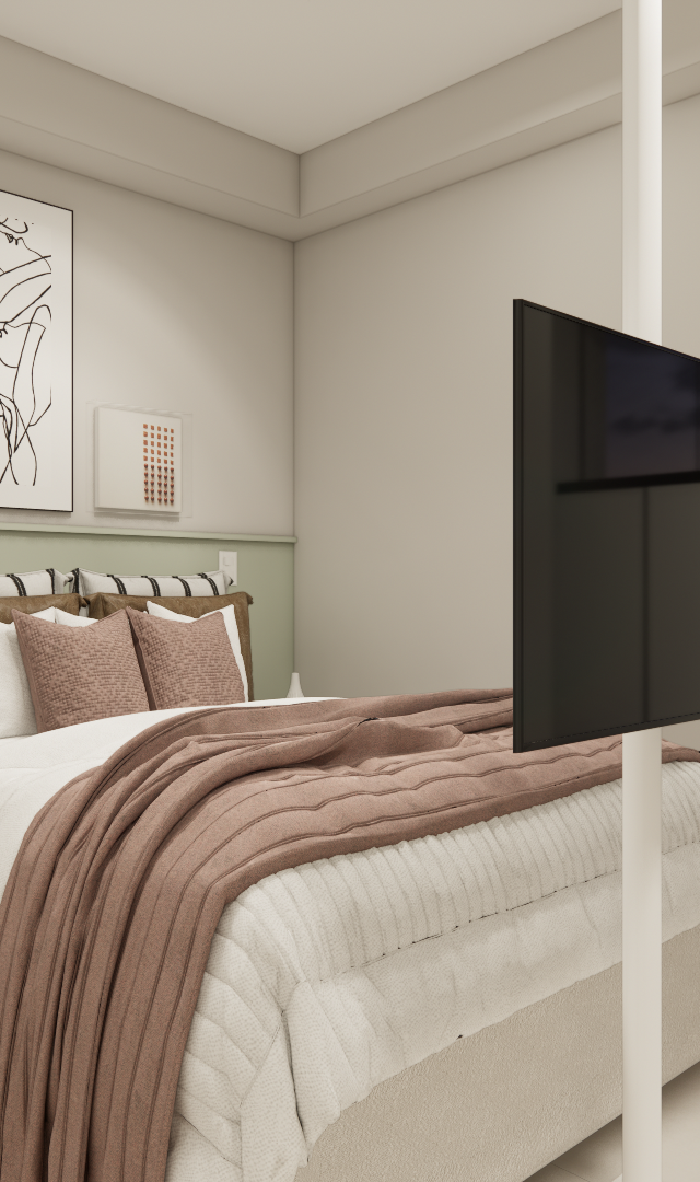 Render 3D de quarto pequeno com cama, manta rosada, mesa lateral preta, arte na parede verde e TV em suporte giratório
