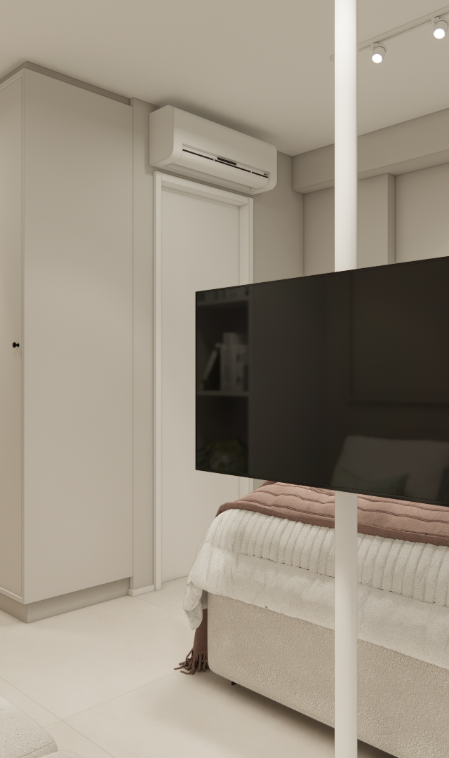 Render 3D de estúdio em Pinheiros com cama, TV giratória, armários claros, tons neutros, verde sálvia e iluminação focal