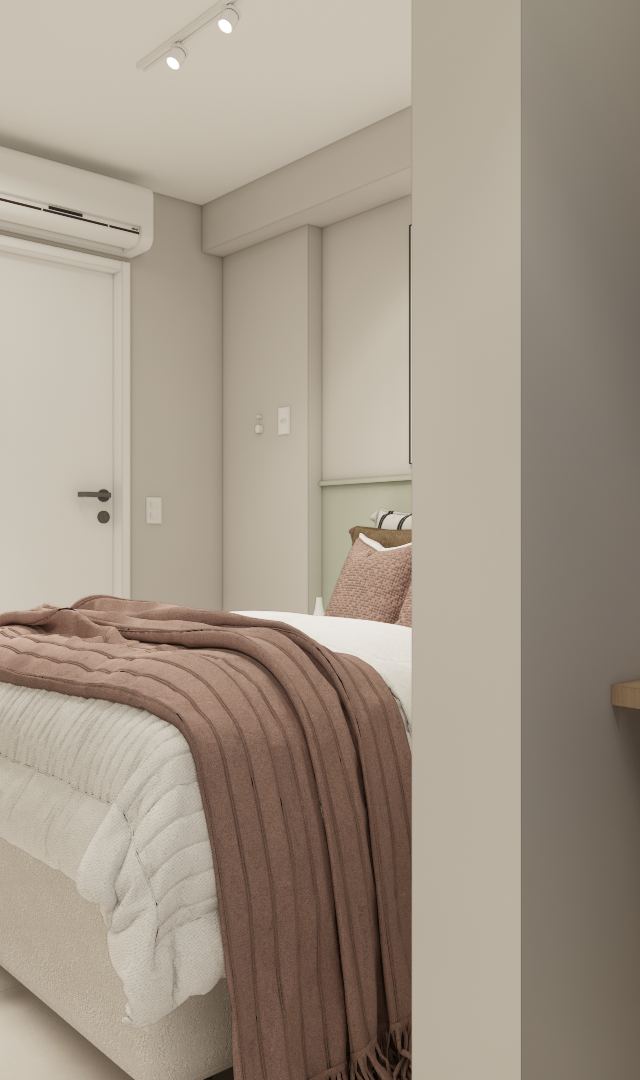 Render 3D de estúdio em Pinheiros com cama, TV em suporte giratório, marcenaria em tons neutros e iluminação em trilho