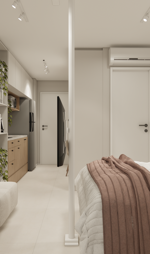 Render 3D de estúdio compacto em Pinheiros com sala e quarto integrados, tons neutros, marcenaria clara e iluminação técnica