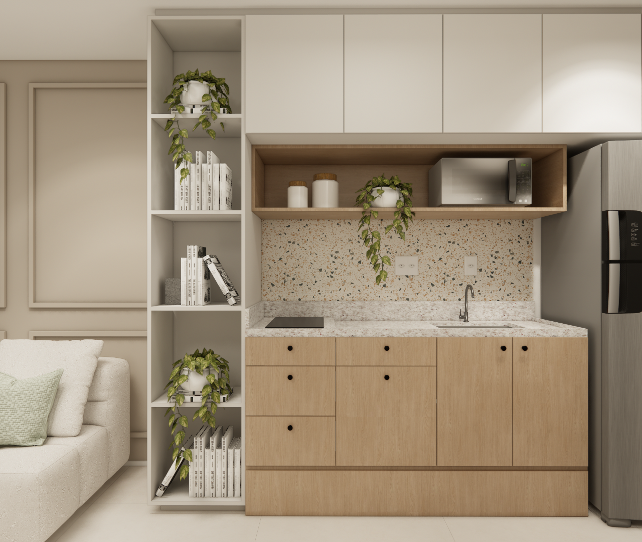 Render 3D de cozinha compacta com marcenaria em tons de madeira e branco, backsplash de granilite e geladeira inox