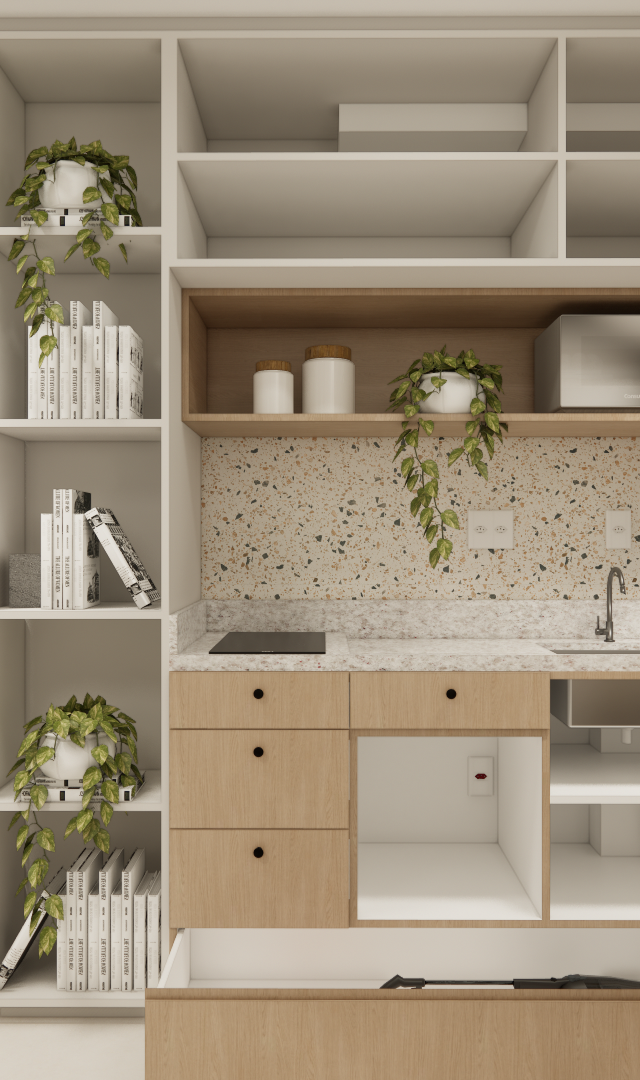 Render 3D de cozinha compacta em marcenaria clara, nichos decorados, bancada em granilite e geladeira inox ao lado do sofá