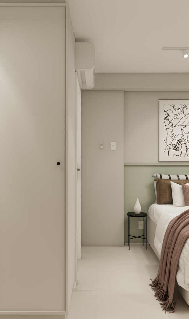 Render 3D de estúdio em Pinheiros com marcenaria bege, mesa de trabalho, armário e cama com tons terrosos e iluminação led