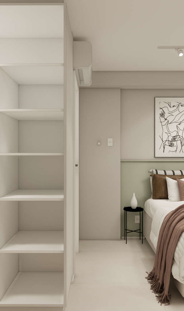 Render 3D de estúdio com armário branco, mesa de trabalho em madeira, cama com enxoval em tons terrosos e TV giratória