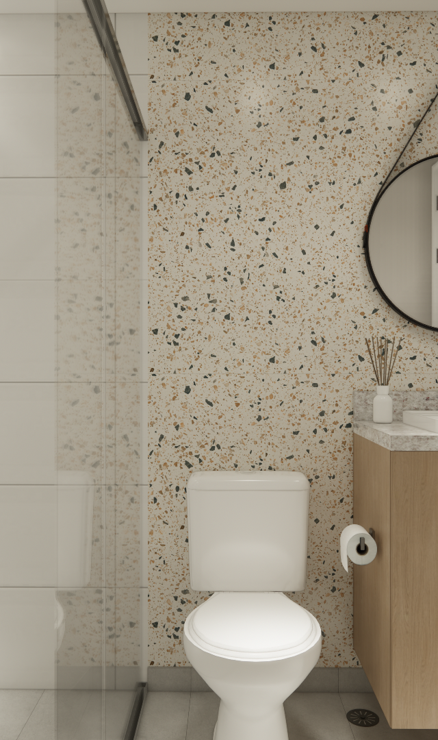 Render 3D de banheiro compacto com parede em granilite, gabinete de madeira, espelho redondo e box de vidro em Pinheiros