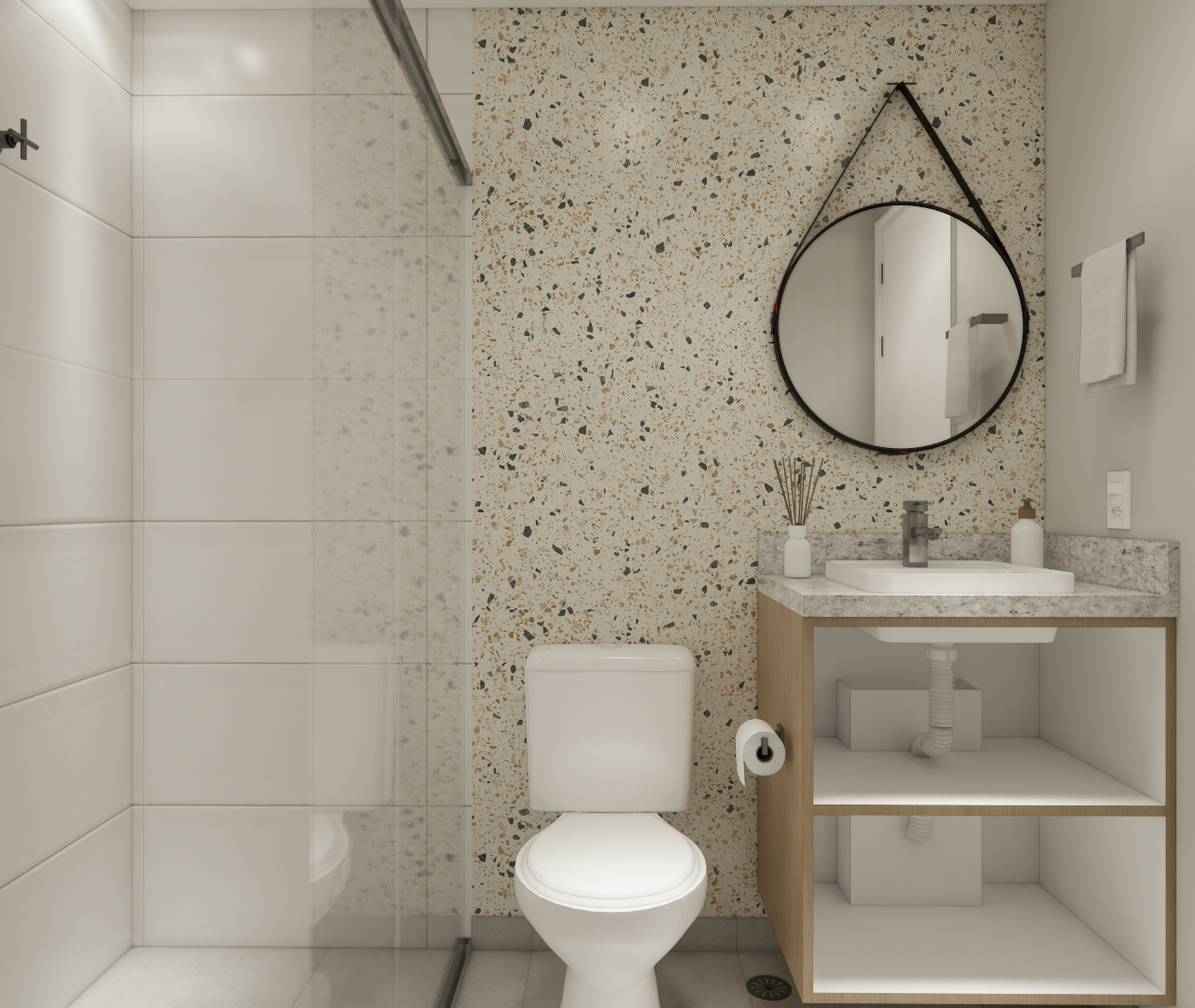 Render 3D de banheiro pequeno com parede de granilite, gabinete em madeira, espelho redondo e metais pretos em Pinheiros