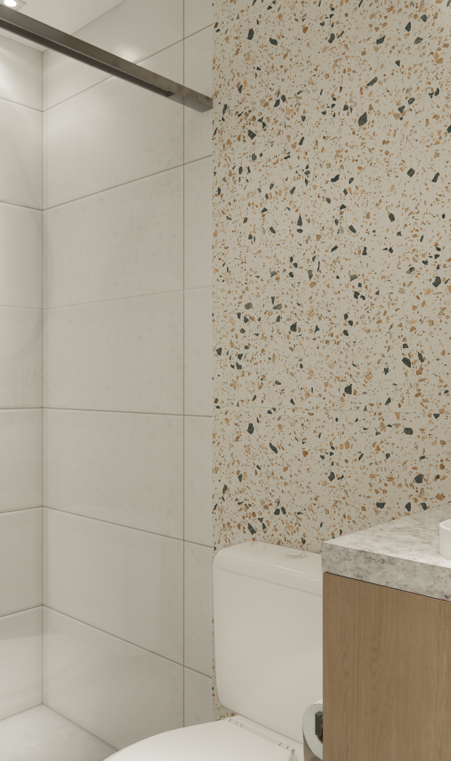 Render 3D de banheiro compacto com parede em granilite, gabinete em madeira, espelho redondo e box de vidro em Pinheiros