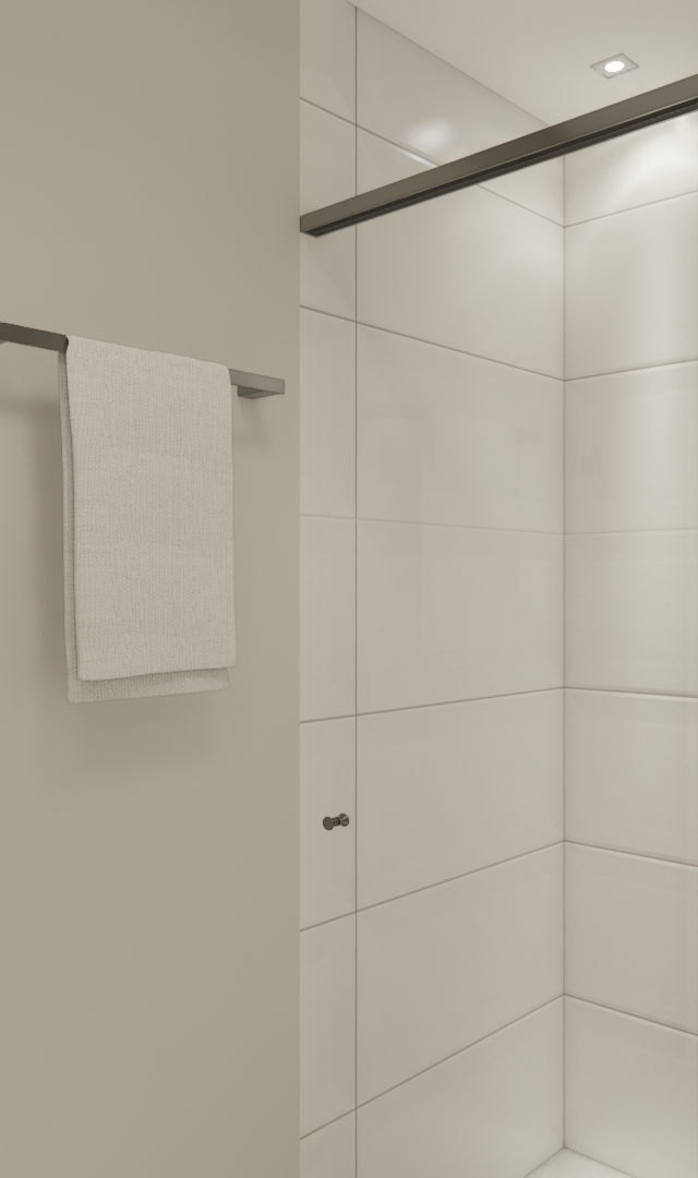 Render 3D de banheiro compacto com paredes brancas, box de vidro, metais pretos e iluminação embutida suave