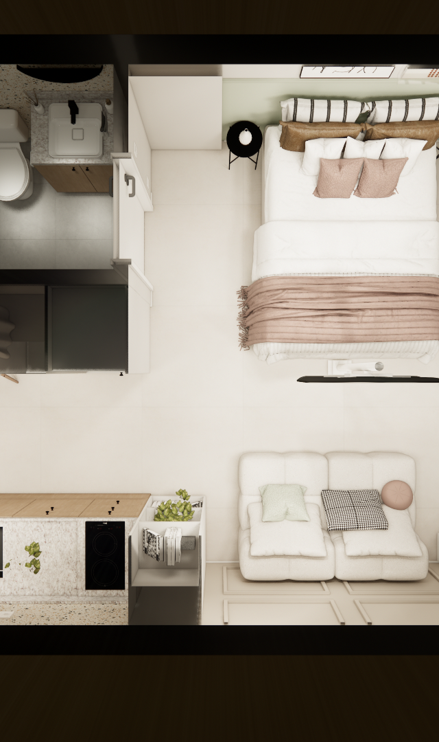 Planta baixa 3D de apartamento compacto com cozinha, sala, dormitório e banheiro em tons claros, madeira e detalhes pretos