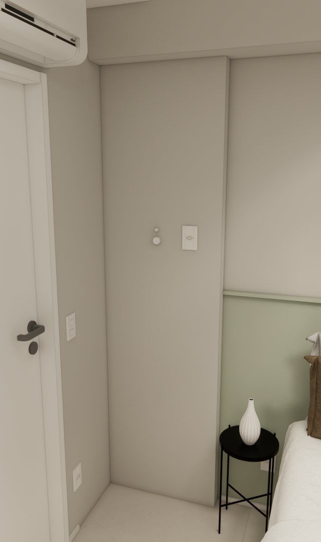 Render 3D de quarto com tons neutros e verde, cama com almofadas, mesa lateral preta e quadros decorativos na parede