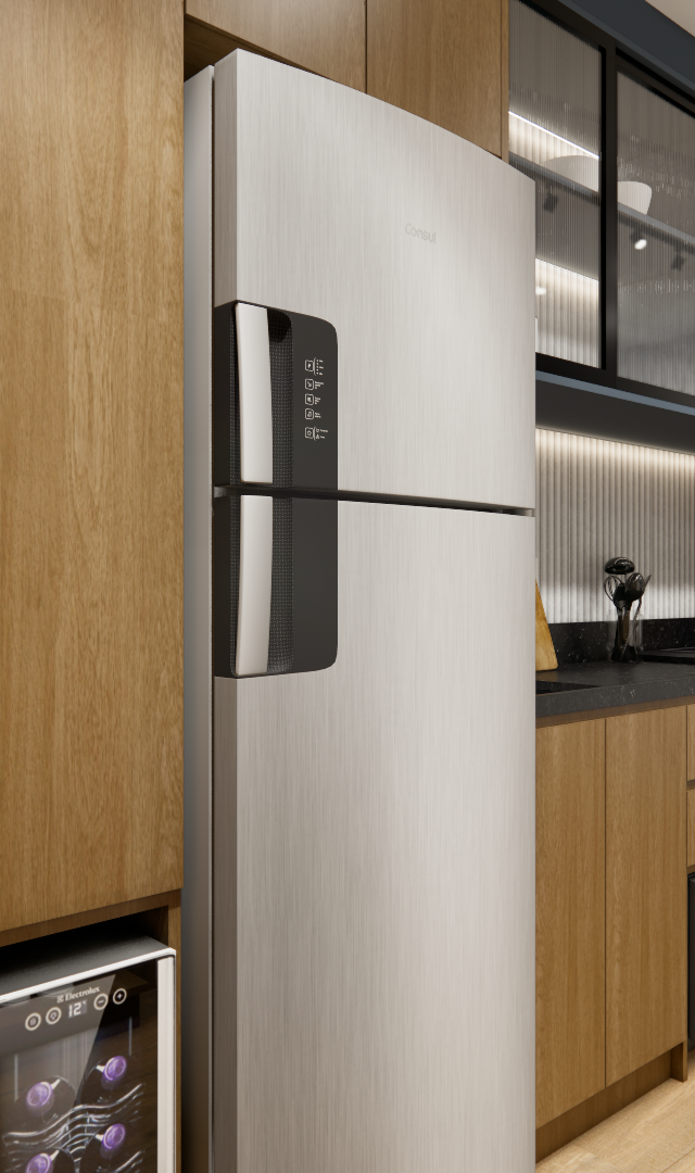 Render 3D de cozinha compacta com marcenaria em tons amadeirados, geladeira inox, bancada preta e detalhes em vidro e led