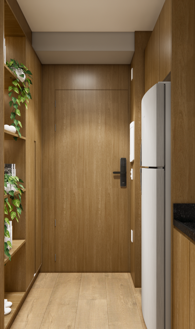 Render 3D de entrada e cozinha compacta com marcenaria em tom madeira, bancada preta, iluminação embutida e tons neutros