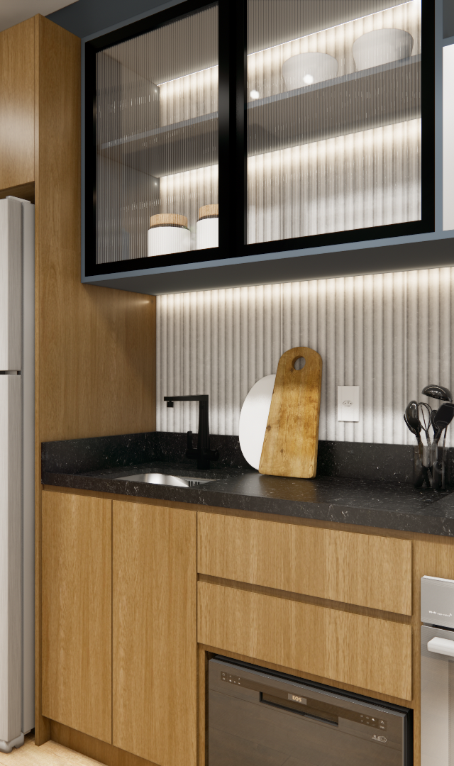 Render 3D de cozinha compacta com marcenaria amadeirada, bancada em granito preto, iluminação embutida e eletrodomésticos