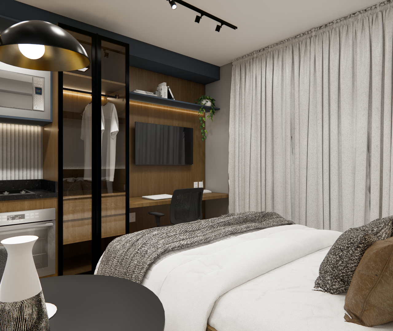 Render 3D de estúdio compacto com marcenaria em madeira e preto, closet com vidro, mesa, cama e cortina clara iluminada