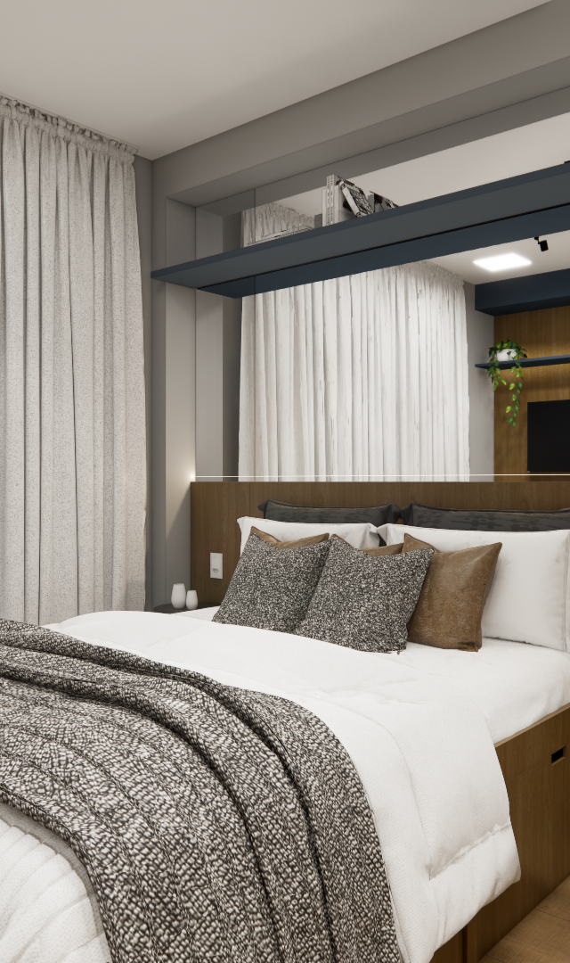 Render 3D de quarto pequeno com cama, mesa redonda, painel amadeirado, espelhos, cortinas claras e iluminação quente